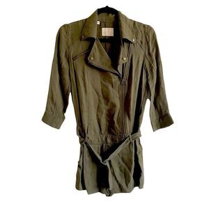 GUESS Army Green Silk Shorts Romper One-Piece Jumpsuit Belt 3/4 Sleeves Olive 0